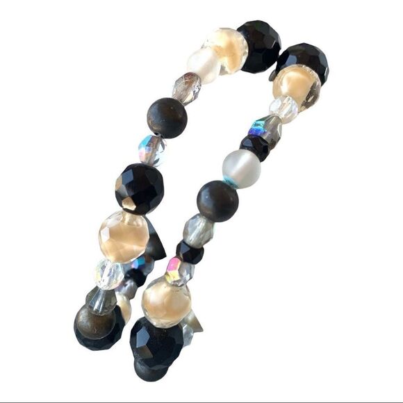 Vintage artisan made glass beaded bracelet black beige ab crystal silver clasp - Picture 3 of 11